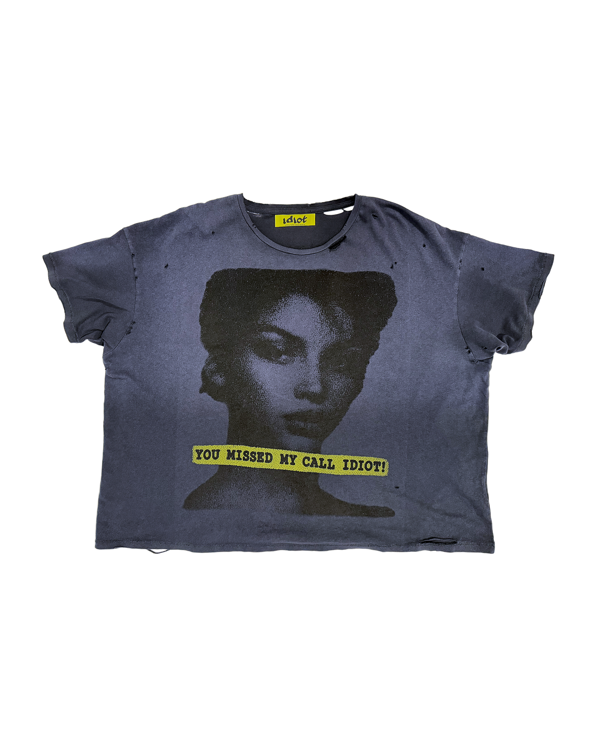 YOU MISSED MY CALL IDIOT tee in washed black blue, front