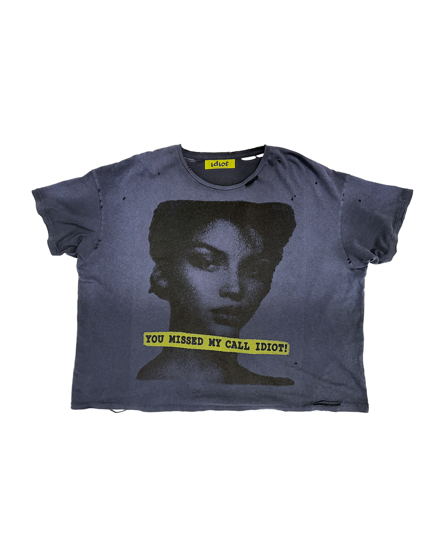 YOU MISSED MY CALL IDIOT tee in washed black blue, front